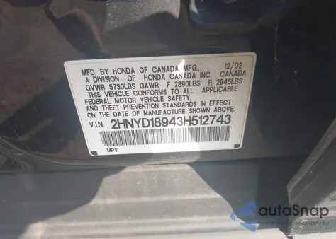 2003 Acura Mdx Touring from USA, damaged, VIN 2HNYD18943H512743